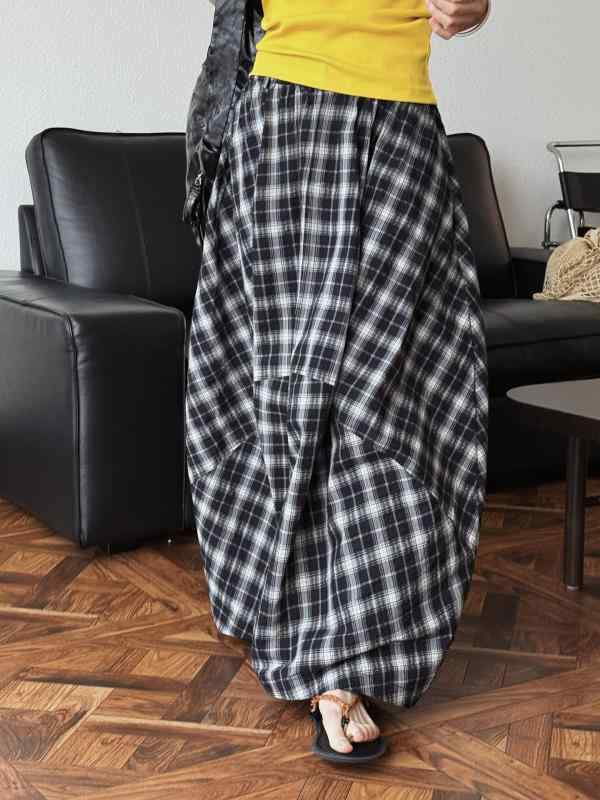 スカート レディース 日韓スタイル コットン 格子柄 バルーンスカート 立体 蓬蓬スカート ロングスカート 春夏 カジュアル かわいい ホワイト ブラック