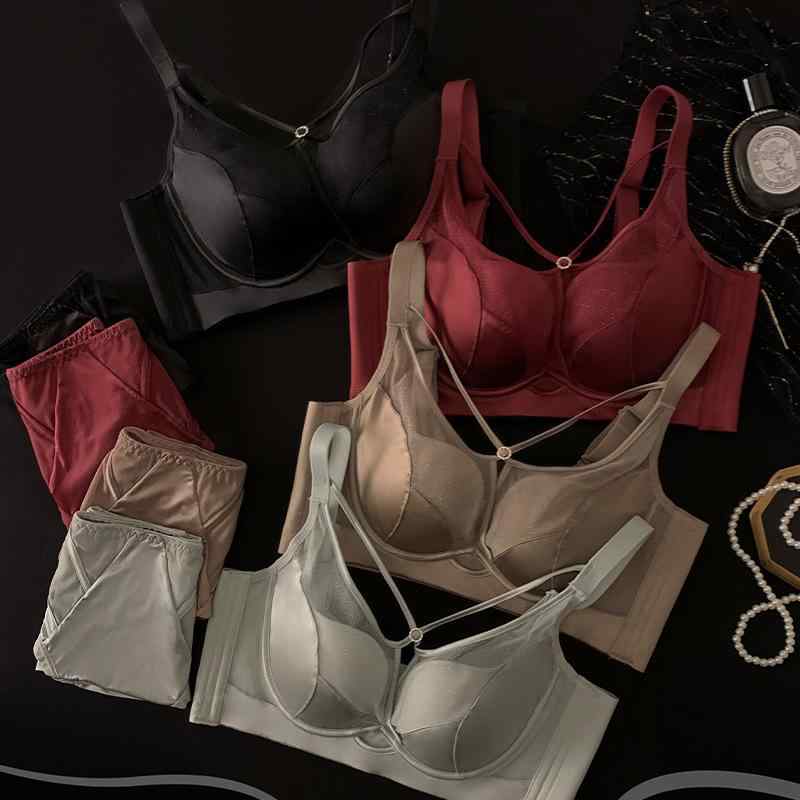 ブラジャー レディース 超薄型 通気性 寄せ上げ 3/4カップ 補正 ソフトワイヤーブラ セット シャンパン ホワイト系 ナイト スキン ベージュ系 グリーン系 グレー ブラウン系 ボルドー ブラック レッド系