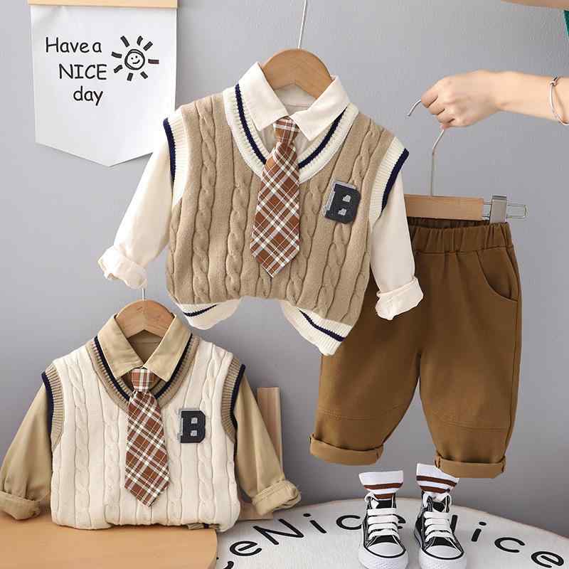 子供用セットアップ 長袖トップス & パンツ & 領タイ 3点セット コットン 幼児 男児 春秋物 韓国風 ブラウン系 ベージュ系