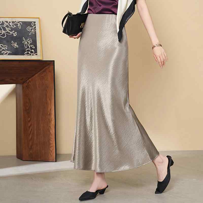 スカート レディース 真 silk シルク サテン 魚尾スカート マーメイドスカート ミモレ丈 ロング丈 ハイウエスト エレガント 上品 きれいめ ブラック 紫 シャンパン コーヒー ワインレッド 黄色 水色 黄緑 ピンク グレー ベージュ 春夏