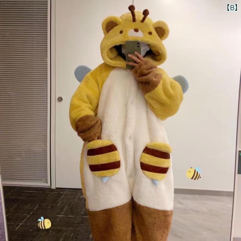 パジャマ レディース メンズ 小蜂熊 フード付き 珊瑚フリース 厚手 暖かい 寝巻き リラックス 部屋着 ポリエステル 秋冬