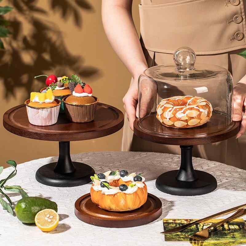 ケーキトレイ 木製ケーキスタンド ガラス蓋付き デザートプレート スイーツスタンド 果物皿 アフタヌーンティー ホームパーティー