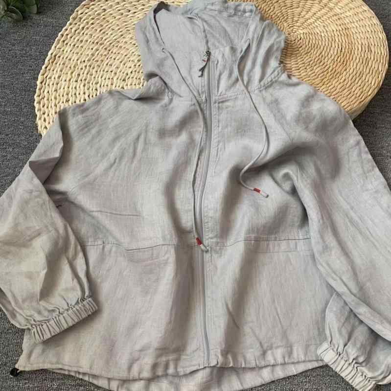 防晒服 レディース メンズ 開衫 ボンネット付き添い人 長袖 薄っぺら 夏用 麻原材料 透気 遮陽 白いこと 薄墨色 麻色 分かりやすい 流行り物 通い 休? 百搭 ゆったり 軽さ