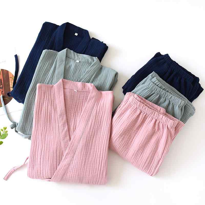 和服 レディース メンズ 春夏 薄手 綿 浴衣 寝巻き ルームウェア 部屋着 上下セット ペア Vネック 7分袖 ロングパンツ ピンク グリーン グレー ネイビー 通気性 リラックス 快適