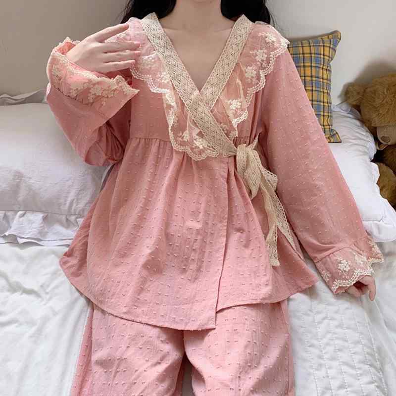 パジャマ レディース 長袖 上下セット 綿 部屋着 寝間着 かわいい ルームウェア 春秋 プリンセス風 襟付き 薄手 涼しい 快適 柔らかい ピンク系 グリーン
