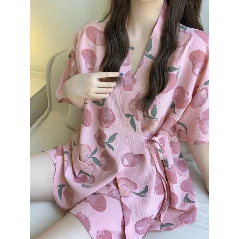パジャマ レディース 春夏 半袖 ショートパンツ 上下セット 和風 ピーチ柄 かわいい 部屋着 ルームウェア