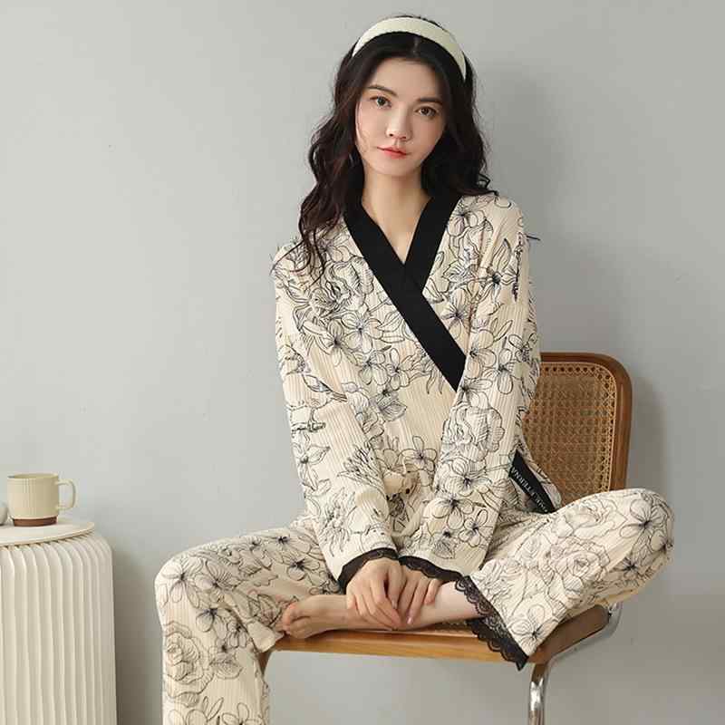 パジャマ レディース 和風 ルームウェア 寝巻き 綿 長袖 カーディガン 春秋 夏 妊婦 産後 マタニティ 授乳 前開き 上下セット 調整紐付き M L XL XXL リラックス 通気 保温