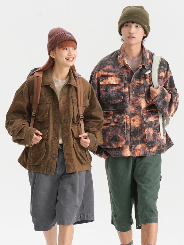 ジャケット 男性用 迷彩柄 コットン 春秋 カジュアル ミリタリースタイル リブ裾 デジタル迷彩グリーン サイバーパープル 霞光迷彩オレンジ フェザー柄ダークパープル フェザー柄ダークブラウン|シャドーテール