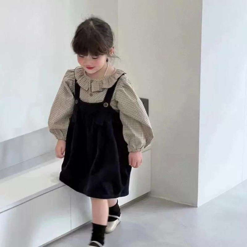 子供用セットアップ 女の子 丸首 格子柄 トップス コーデュロイ ジャンパースカート 2点セット 秋冬 長袖 普段着 かわいい ガールズ キッズ