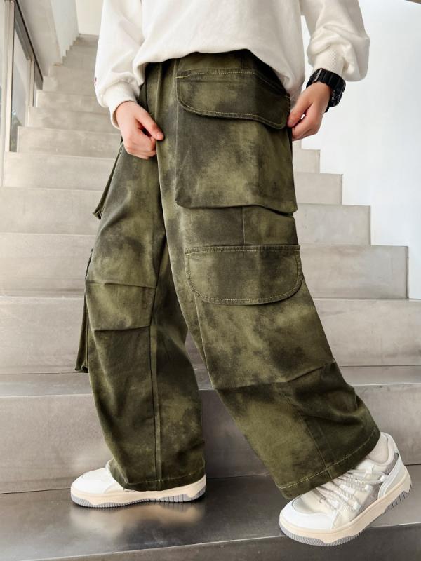 キッズ 迷彩 カーゴパンツ 男の子 ゆったり ストレート ロングパンツ 春秋 ポリエステル 120cm 130cm 140cm 150cm 160cm 170cm グリーン ブラック