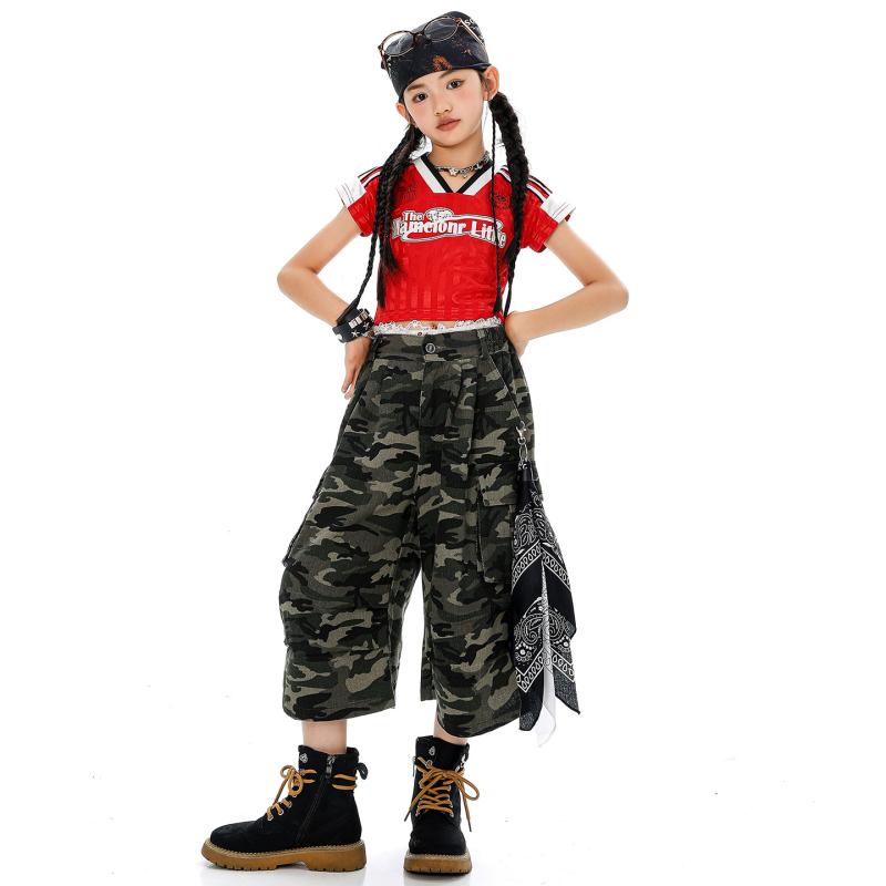 ダンス衣装 ガールズ へそ出し トップス 迷彩柄 ハーフパンツ ジャズ ストリート HIPHOP 舞台 発表会 練習着 キッズ 子供 ジュニア