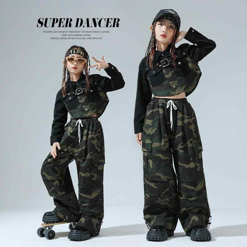ダンス衣装 キッズ ガールズ 迷彩柄 ジャズダンス ヒップホップ 子供服 セットアップ ジュニア 個性的 舞台衣装 演出服 軍緑 黒 綿100% 長袖 長ズボン 背心 3点セット
