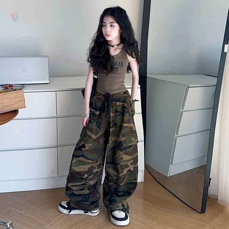 子供服 女の子 キャミソール トップス 迷彩柄 カーゴパンツ 上下 2点セット ワイドレッグパンツ 夏