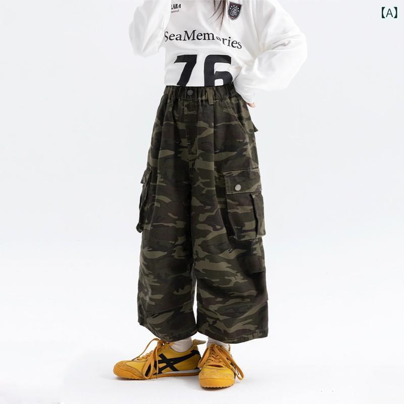 パンツ キッズ 女の子 美迷彩柄 工装パンツ 九分丈 ワイドレッグパンツ 高学年 子供服 春秋 普段着 部屋着