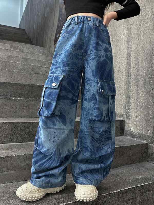 子供服 パンツ 女の子 ジーンズ デニムパンツ ロングパンツ 8歳以上 中大童 迷彩柄 ウエストゴム 普段着 おしゃれ着 ブラック ブルー 120cm 130cm 140cm 150cm 160cm 170cm
