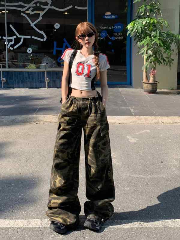 カーゴパンツ レディース 春夏 高見え 迷彩柄 ロングパンツ ハイウエスト ワイドレッグ ゆったり ストリート カジュアル