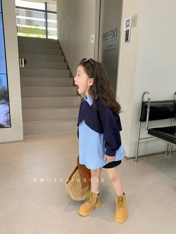 シャツ ガールズ 韓国子供服 長袖トップス ドッキング 襟付き ブラウス カットソー 秋服 女の子 かわいい カジュアル 90 100 110 120 130 140cm