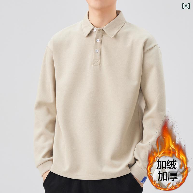 ポロシャツ メンズ 秋冬 加? 裏起毛 暖かい 長袖 Tシャツ 厚手 無地 ゆったり カットソー カジュアル トップス ファッション コットン 綿 普段使い デイリーウェア