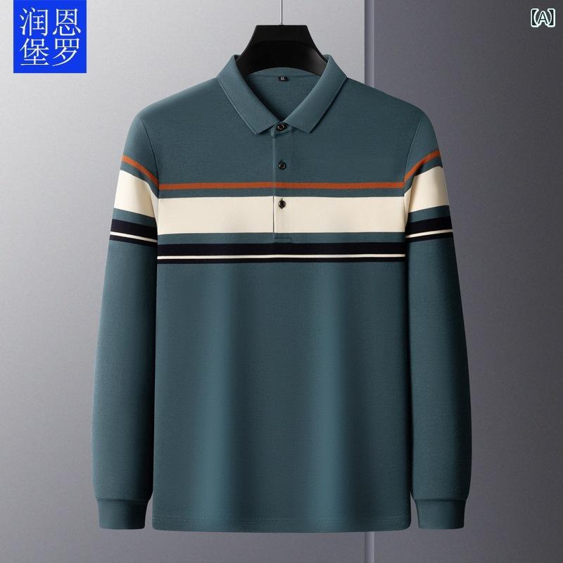Tシャツ メンズ 長袖 ポロシャツ ストライプ柄 コットン 襟付き トップス 秋冬 カジュアル 40代 50代 60代 紳士服 通気性 耐摩耗 グリーン ブルー レッド