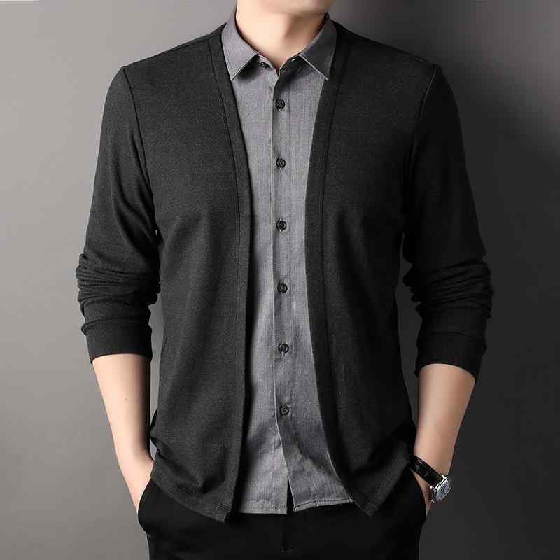 Tシャツ メンズ フェイクレイヤード風 ニットカーディガン 長袖 ポロ襟 カジュアル ビジネス ポリエステル混紡 黒 ブラック グレー リブ裾