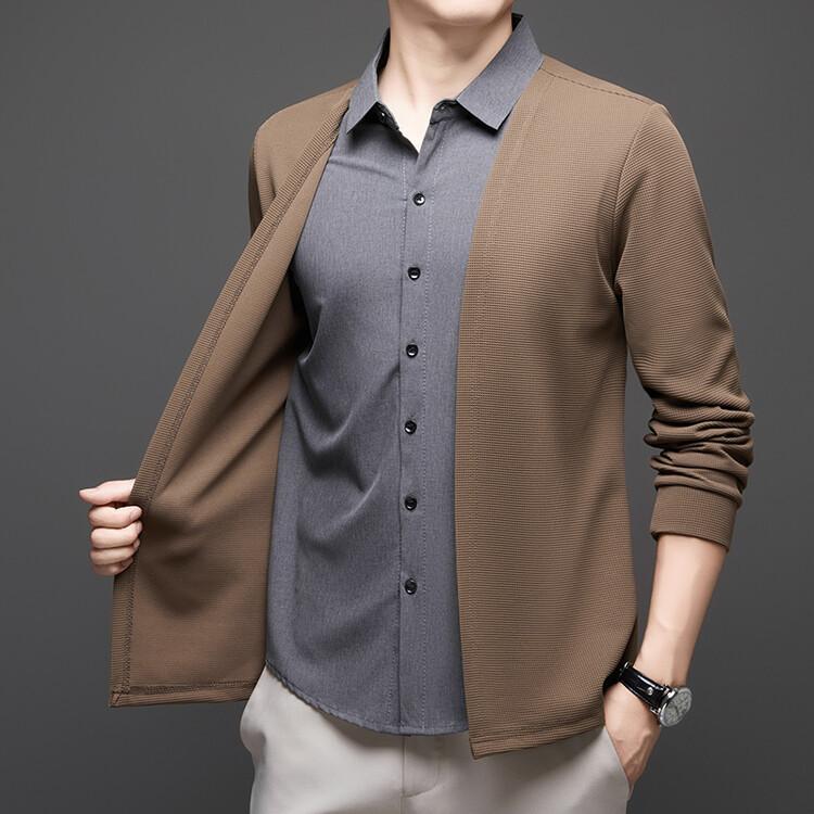 カーディガン メンズ 男性用 紳士服 トップス フェイクレイヤード風 襟付き 長袖 ポリエステル混紡 スタイリッシュ グレー ブラック オフホワイト コーヒー色 春秋