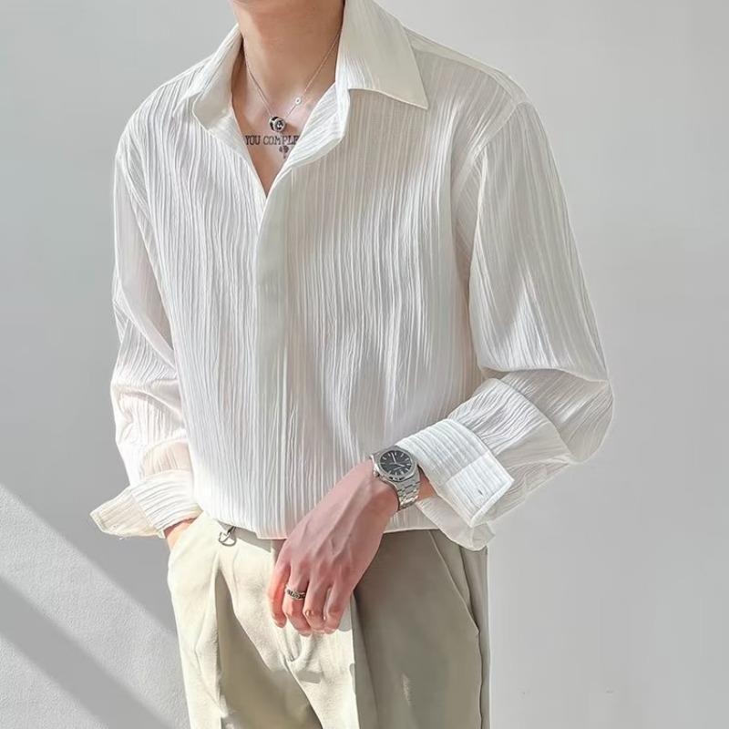 シャツ メンズ 韓国風 ストライプ柄 長袖 カジュアルシャツ トップス 秋物 免? 普段使い 白 黒 杏色