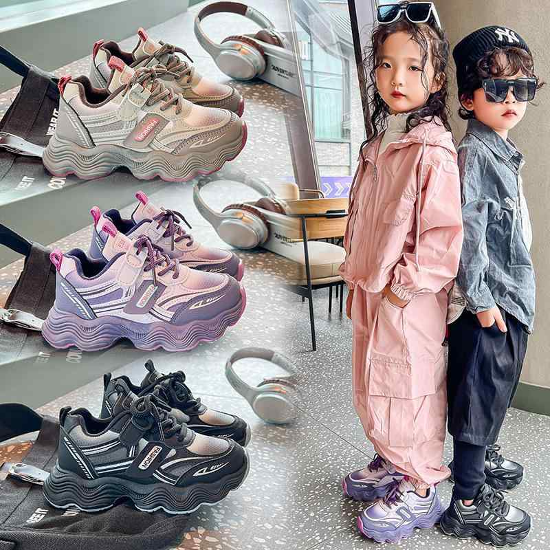 スニーカー キッズ 男女兼用 子供靴 スポーツシューズ 通気性 メッシュ 運動靴 ランニングシューズ 履きやすい 柔らかい靴底 パープル系 カーキ色 ブラック 秋 春 防水 人工皮革