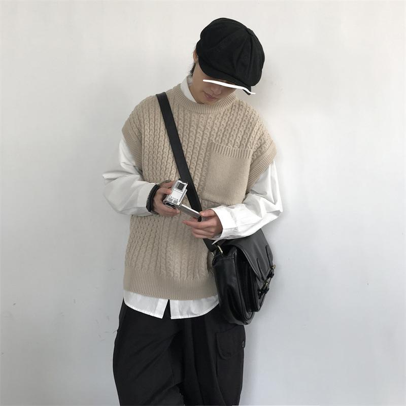 ニット メンズ ニットベスト 重ね着風 プルオーバー チョッキ ゆったりサイズ 無地 春秋 カジュアル 杏色 グリーン