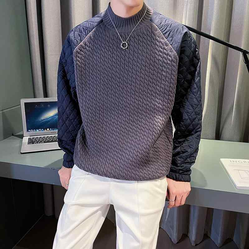 ニット メンズ 切り替え ハーフハイネック セーター 秋冬 厚手 暖かい ポリエステル 普段使い カジュアル 部屋着 長袖 トップス コーヒー色 グレー 紺色