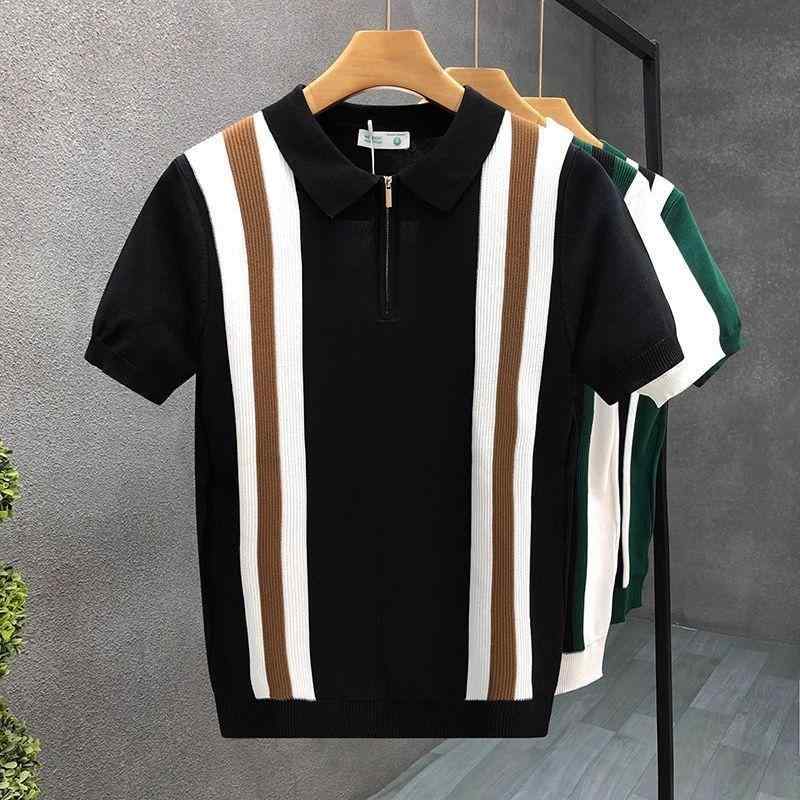 Tシャツ メンズ 半袖 襟付き ストライプ 切り替え ポリエステル カジュアル スポーティー 大きいサイズ ブラック ホワイト グリーン