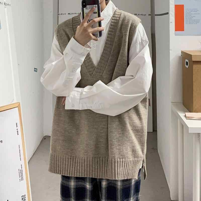 ニットベスト メンズ Vネック プルオーバー 学院風 ゆったり トップス 男性用 ノースリーブ ポリエステル混紡 カジュアル 韓国風 ストリート ホワイト ブラック グレー