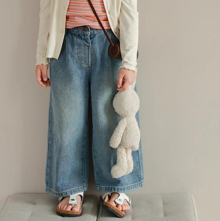 子供服 パンツ 女の子 デニムパンツ ワイドレッグパンツ 春秋 中小童 ウエストゴム 柔らかい 綿 100 110 120 130 140 ブルー