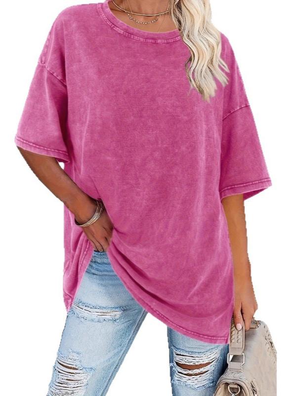 Tシャツ レディース 夏 春夏 短袖 トップス 丸首 綿 90% 綿素材 切り替え デザイン ゆったり ルーズフィット 普通丈 50-65cm 袖 通常 すり減り加工 無地 柄 黒 ローズレッド ブラウン グリーン 快適 ストリート スタイル 欧米風 ト