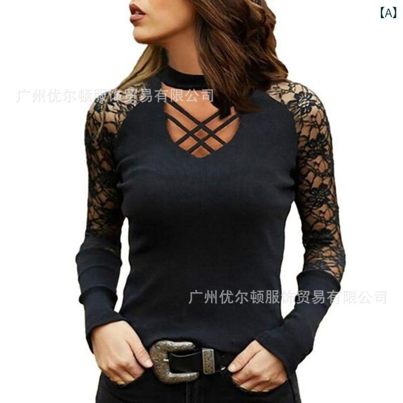 トップス レディース Vネック 長袖 Tシャツ 純色 黒 ワインレッド ブルー OL 通勤 切り替え ポリエステル 100% ワイド シルエット 気質 スタイル 18-24歳 向け 普通丈 セット アップ なし 単品 アイテム