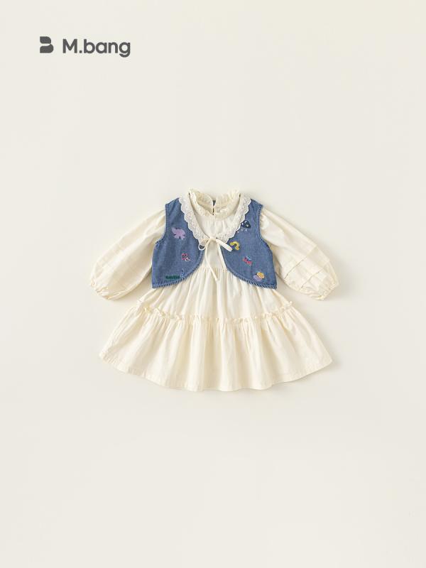 子供服 女の子 デニムベスト ワンピース 2点セット 春秋物 長袖 コットン100% かわいい 杏色 80 90 100 110 120 130 140