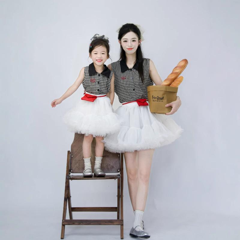 親子服 レディース 夏 チェック柄 チュニックシャツ チュールスカート セットアップ 韓国子供服 女の子 格子柄 刺繍入り ベスト チュールスカート かわいい 姉妹コーデ 普段着 お出かけ