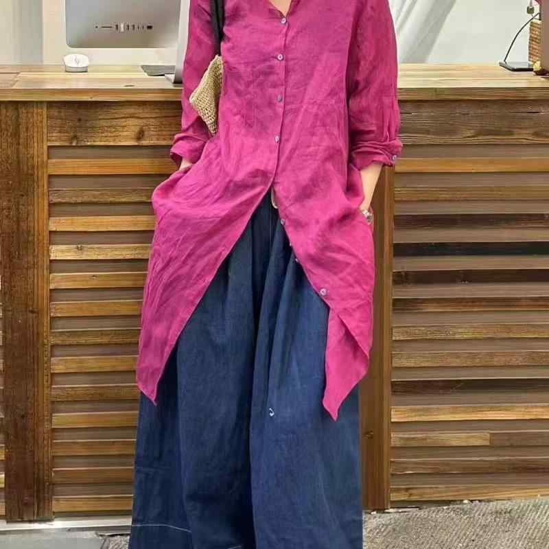 レディース シャツ 開襟 麻 素材 ワイドシルエット ゆったり スタイル 純色 Vネック 七分袖 ボタン 防晒 春季 ミッドレングス トップス 開衫 文学的 レトロ 中国風 単排 ボタン デザイン 再生繊維 混紡 軽量 通気性 日常使い 春夏 秋 ブラッ