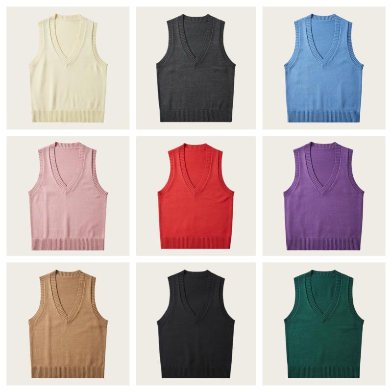 ニットベスト レディース JK制服 コットン Vネック 学院風 ノースリーブ トップス 炭黒色 黒色 赤色 黄色 緑色 青色 紫色 キャメル ピンク系