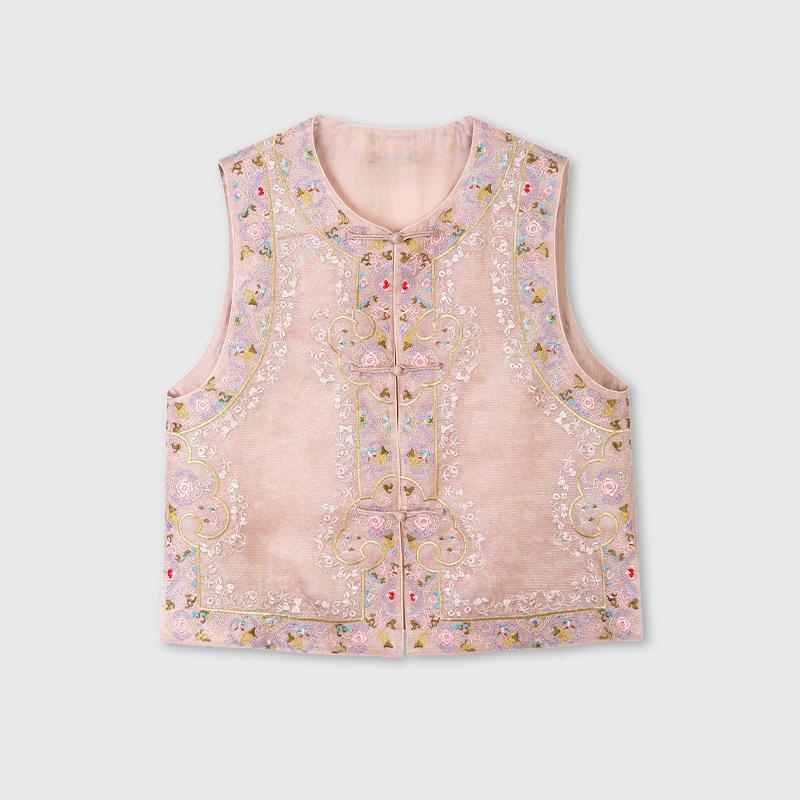 ベスト レディース シルク 桑蚕糸 チャイナスタイル レトロ 刺繍 花柄 ラウンドネック ライトイエロー M L XL XXLサイズ展開 中国風