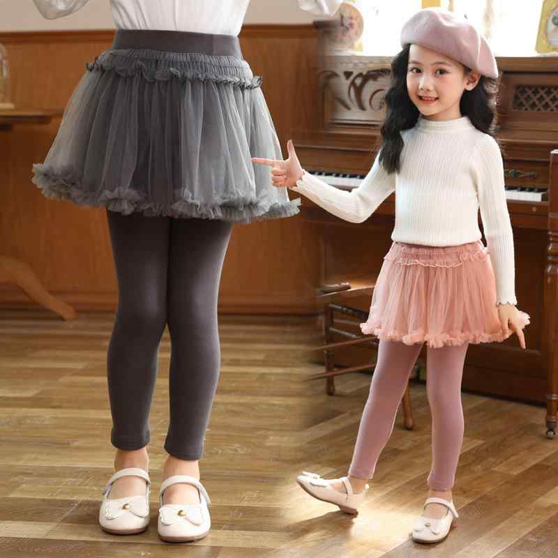 パンツ キッズ 女児 スパッツ レギンス 伸縮性 チュールスカート付き B類 コットン 高腰 無地 普段使い 春秋 皮粉 黒灰色