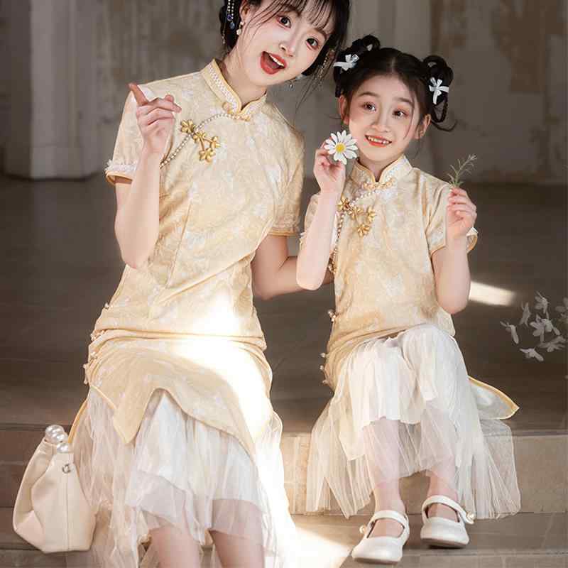 チャイナドレス 母娘ペア 子供用ワンピース 春夏 古着風 花柄 ポリエステル