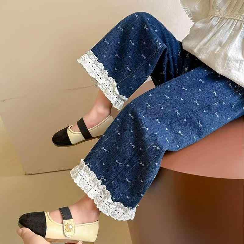 子供服 ジーンズ 女の子 デニムパンツ 春秋 ロングパンツ ガールズ ワイドレッグパンツ かわいい おしゃれ コットン 80% 伸縮性 ウエストゴム 普段着 韓国風