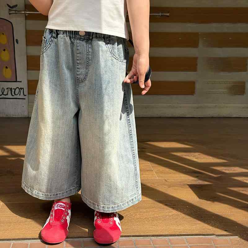 子供服 デニムパンツ 女の子 夏物 韓国風 レトロ ウォッシュ加工 9分丈 ロングパンツ 綿 中小 детство ブルー 90cm 100cm 110cm 120cm 130cm 140cm 150cm 160cm 170cm