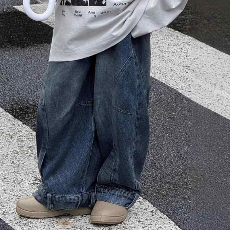 子供服 デニムパンツ ボーイズ 男の子用 ワイドレッグパンツ ゆったりシルエット ロングパンツ 100cm 110cm 120cm 130cm 140cm 150cm 160cm 春秋 韓国風 コットン ブルー