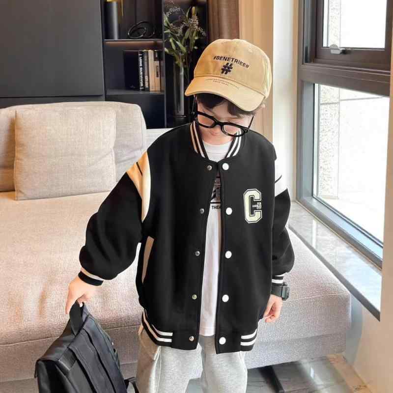 ジャケット キッズ 男の子 ベースボール ジャンパー ブルゾン スプリング コート 子供 春秋 中学生 高校生 アウター カジュアル ポリエステル ブラック