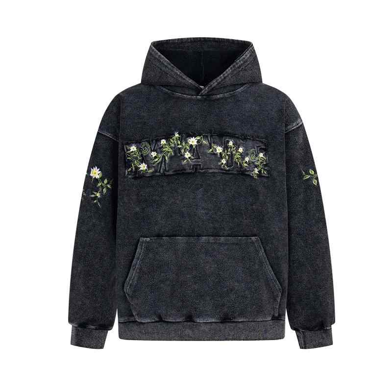 パーカー メンズ 男性用 トップス 長袖 コットン100% 美式復古 ウォッシュ加工 ゆったり 花柄 刺繍 ブラック M L XL 春秋
