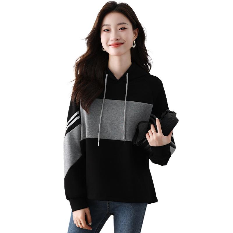 パーカー レディース 韓国風 秋冬 ゆったり 長袖 フード付き スウェット プルオーバー トップス カジュアル ストリート スポーティー ブラック 黒 ストライプ 切り替え
