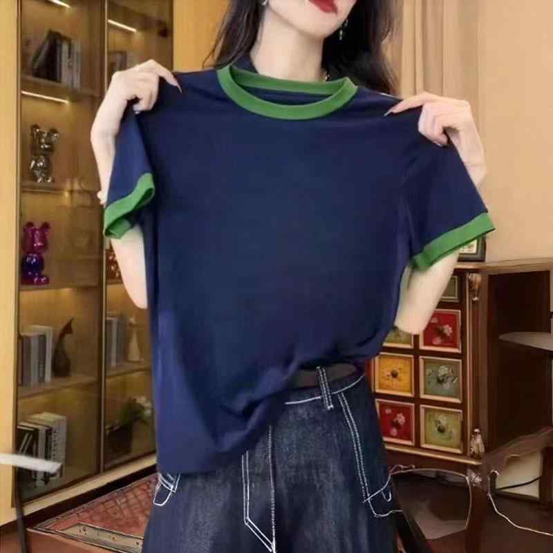 Tシャツ レディース 短袖 ピッチ 綿 スパンデックス 切り替え 丸首 修身 薄手 緑 青 黒 赤 白 春 日常 通勤 柔軟 トレンド