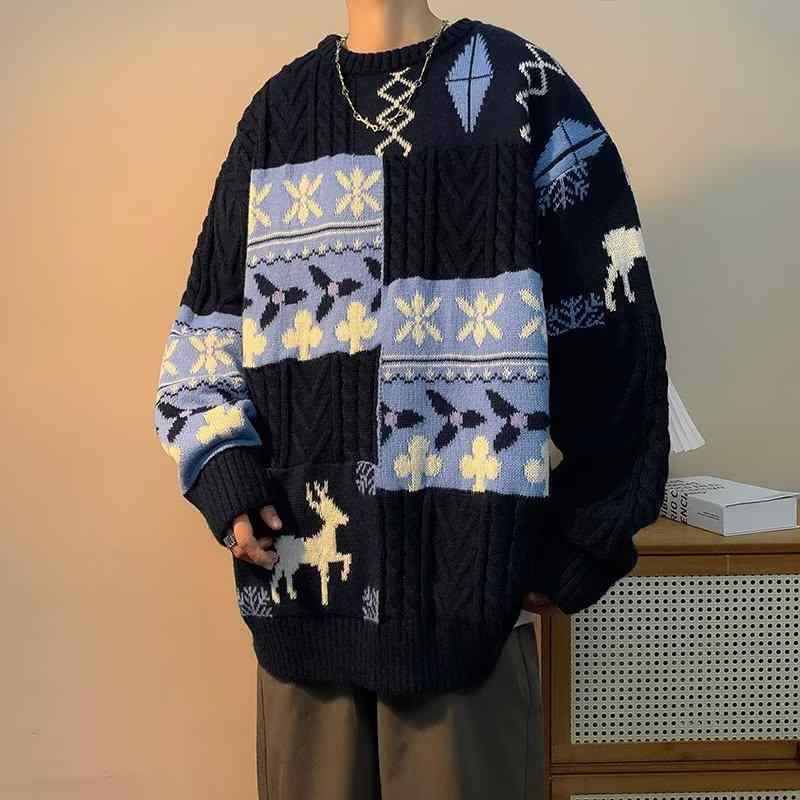 ニット メンズ 秋冬 切り替え セーター プルオーバー 厚手 ニットトップス 保温 防寒 青年 杏色 紺色 茶色 大きいサイズ