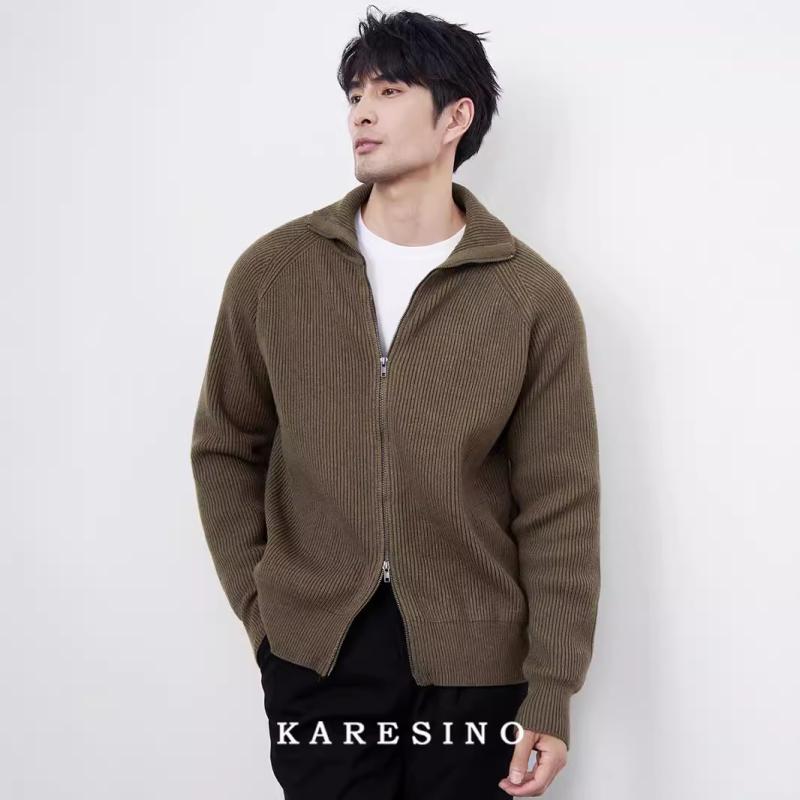 ニット カーディガン メンズ 紳士服 長袖 ジップアップ 襟付き リブ編み 無地 秋冬 カジュアル トップス 羽織り 普段使い